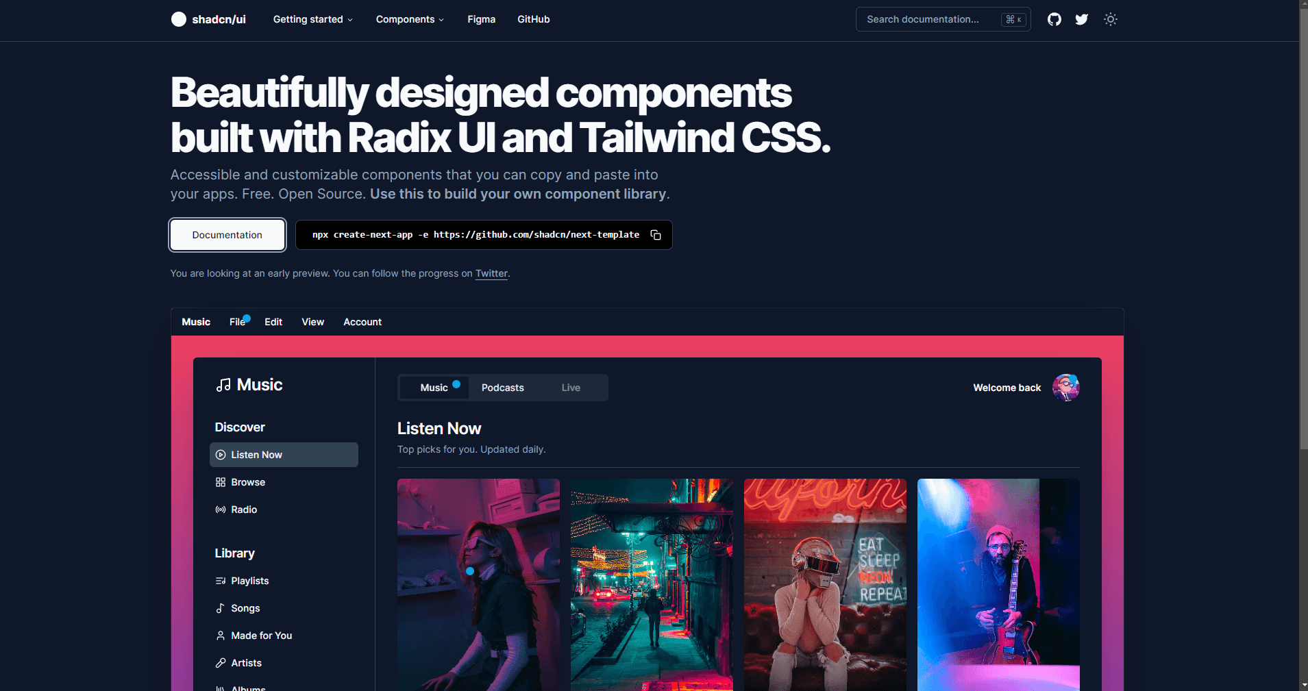 shadcn/ui landing page